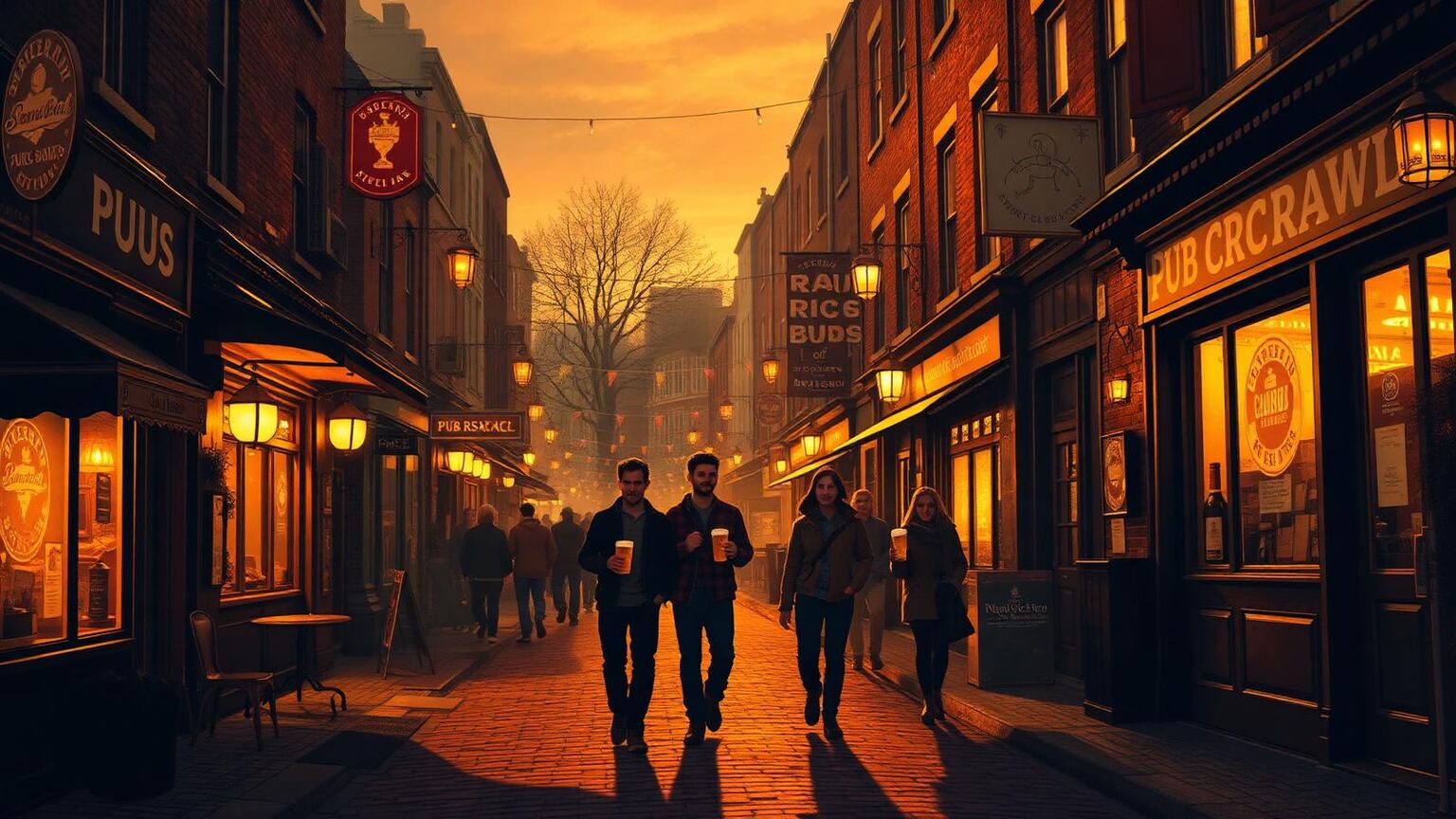 Friends on a pub crawl and bar crawl walking down a warmly lit cobblestone street at golden hour